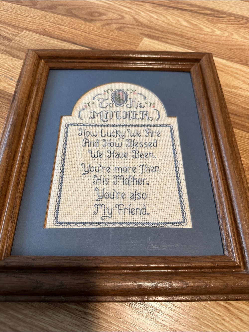 Framed Blue and Brown 'To My Mother' Cross-Stitch Plaque